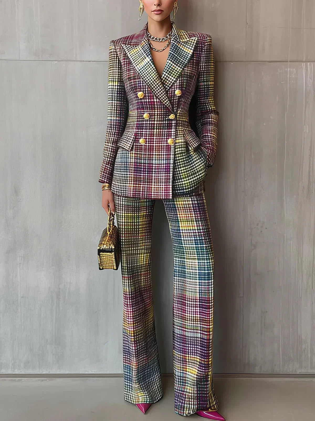Tammy – Plaid Double-Breasted Blazer and Pants Set