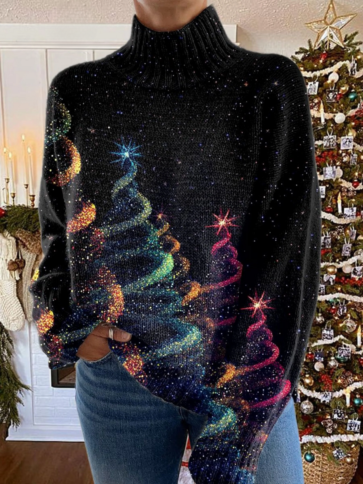 Janice – Glitter Christmas Tree Turtleneck Sweater