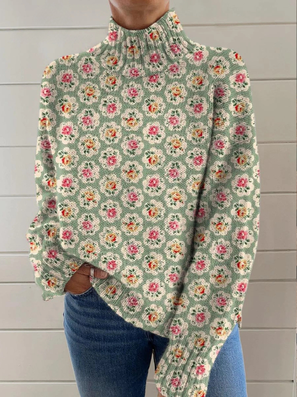Anne – Floral Knit Mock-Neck Sweater