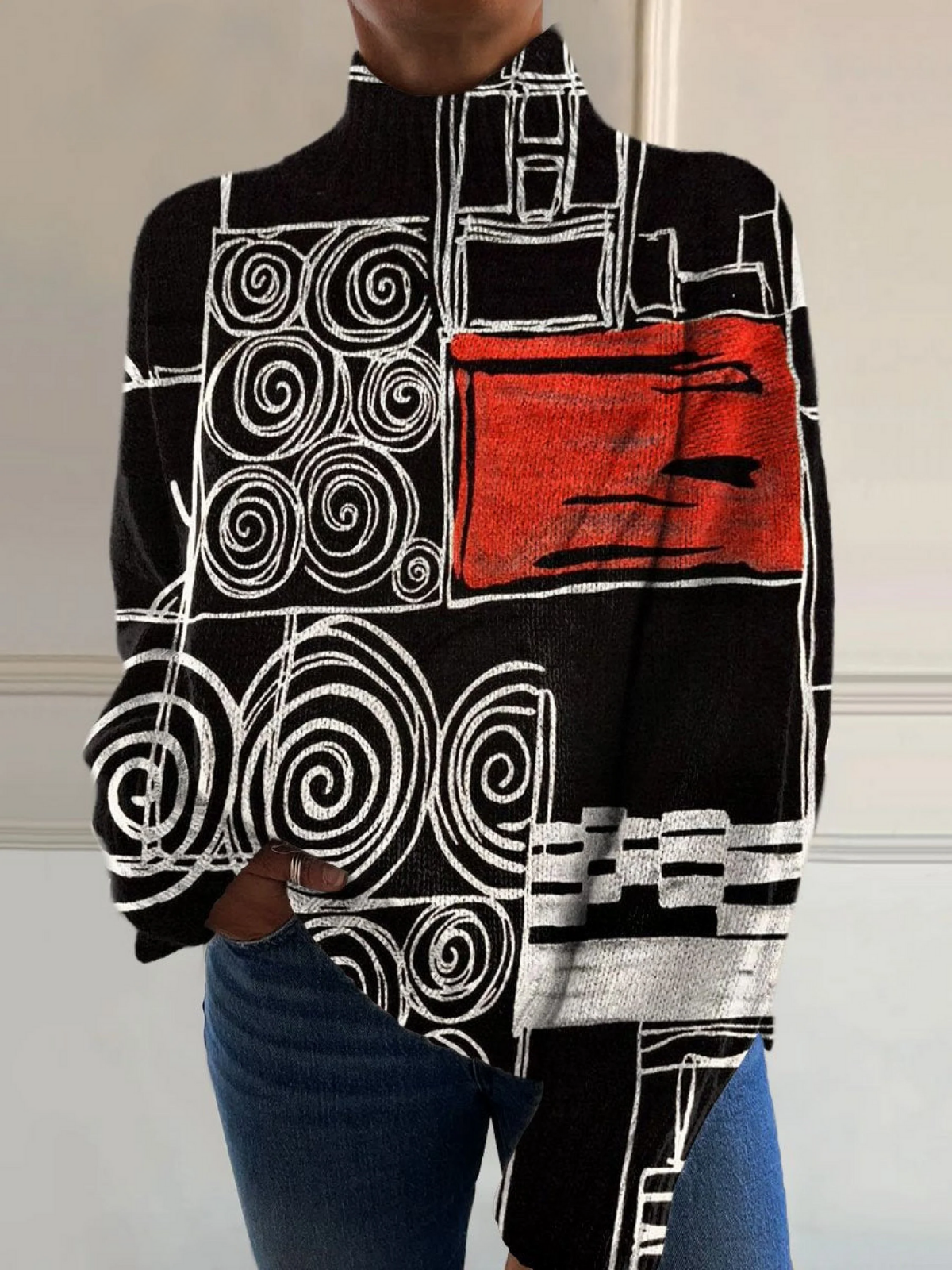 Lindsey – Abstract Geometric Print Turtleneck Sweater
