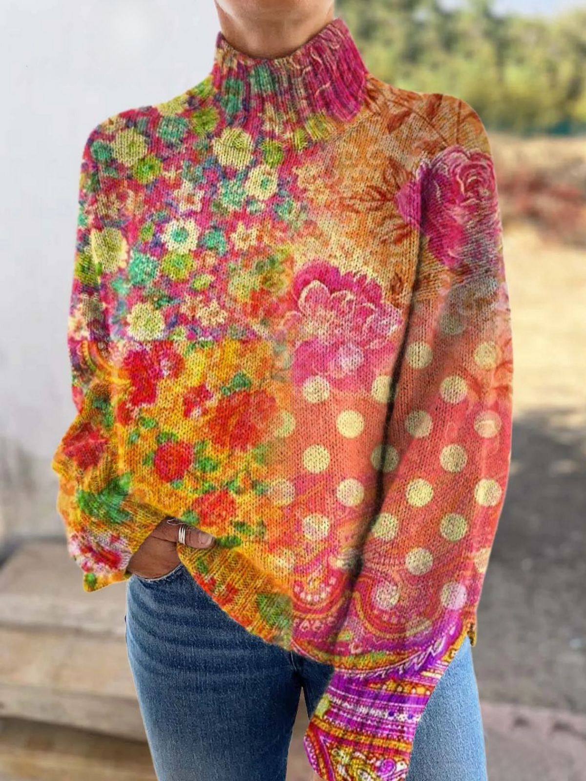 Viola – Floral Print Turtleneck Knit Sweater