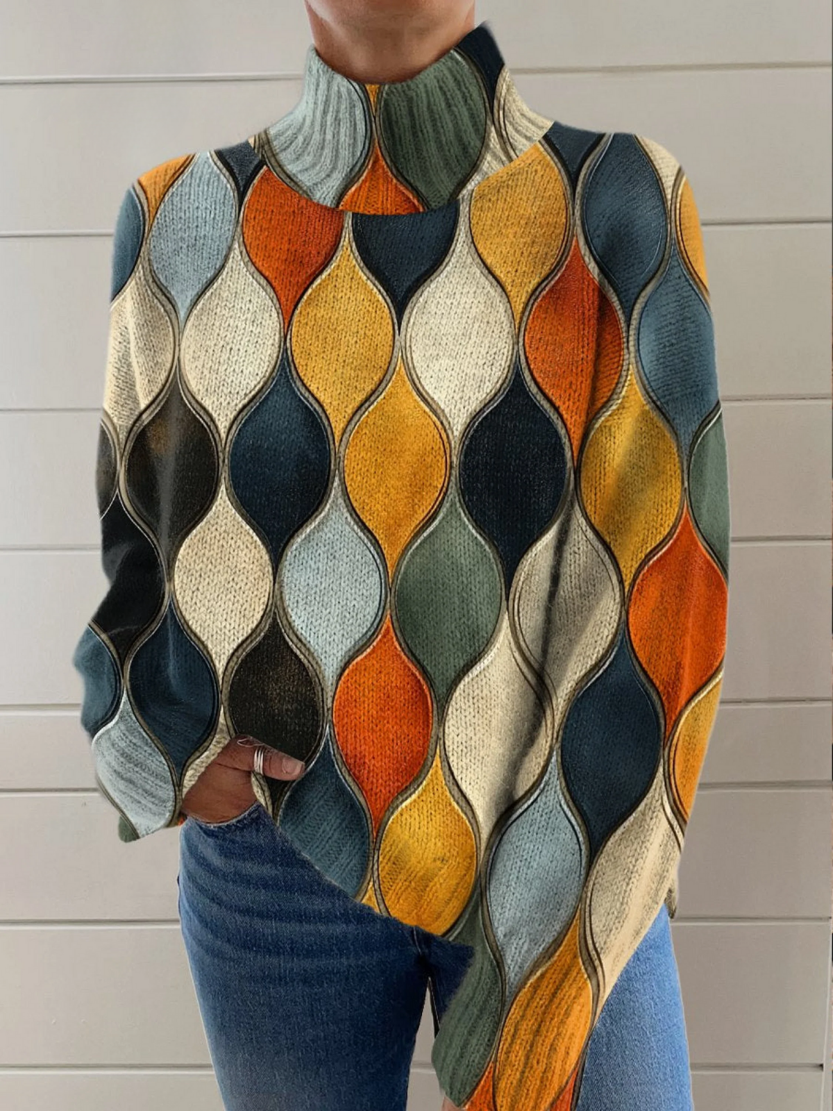Shannon – Retro Geometric Turtleneck Sweater