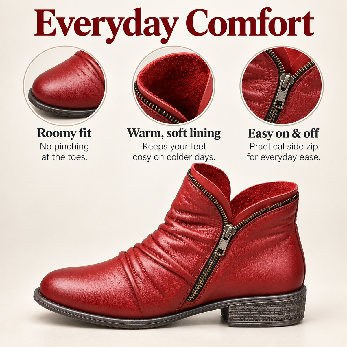 Evelyn β Ruched Ankle Boots with Side Zip