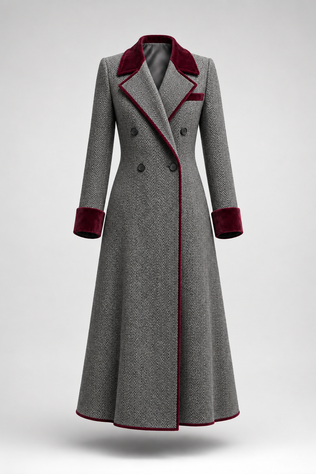 Patricia – Herringbone Longline Coat with Velvet Trim