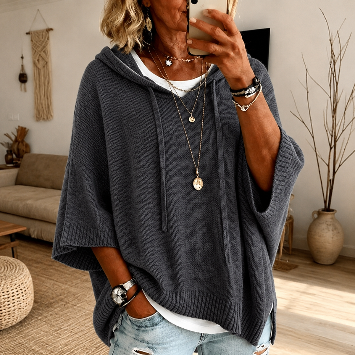 Lois – Hooded Poncho Knit Sweater