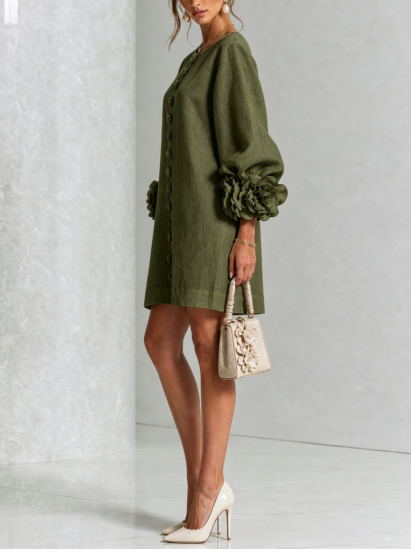 Robin – Floral Cuff Button-Front Mini Dress