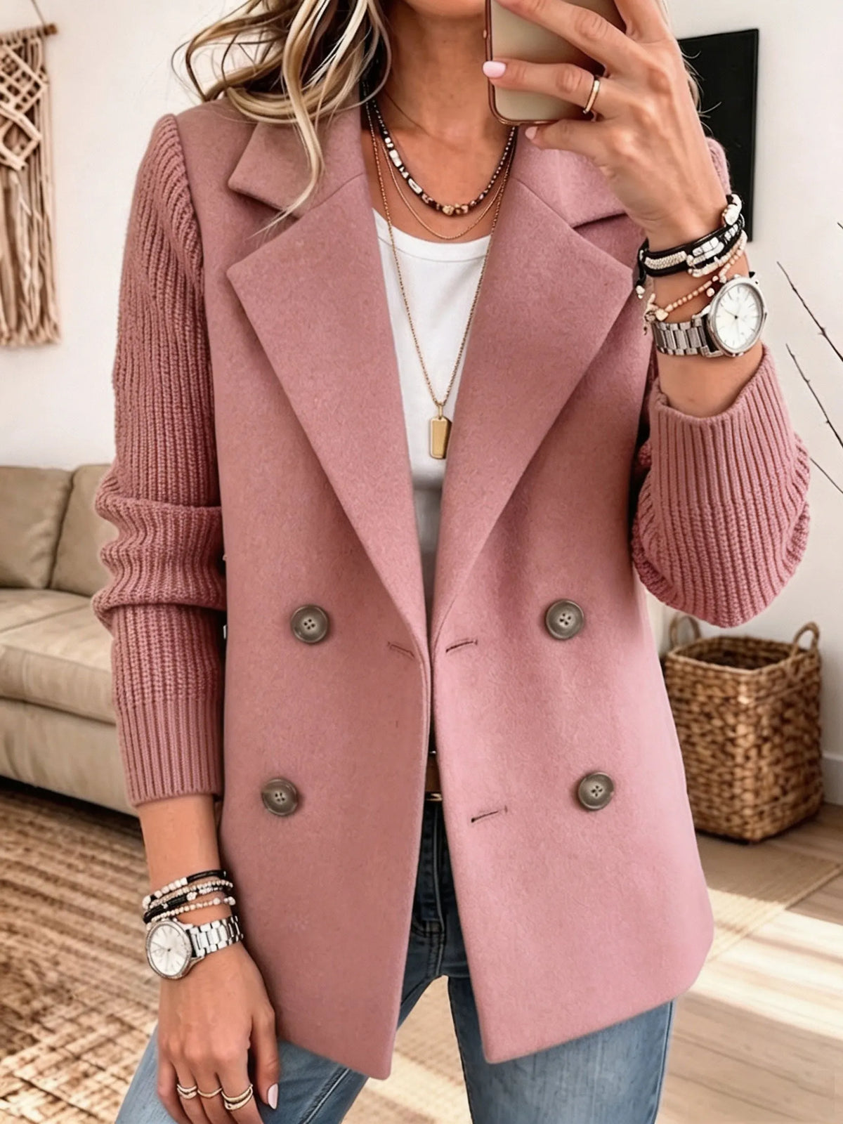 Betty β Double-Breasted Blazer with Ribbed Knit Sleeves