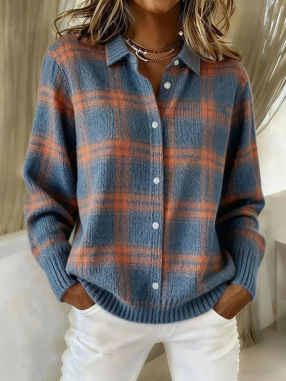 Rhonda – Plaid Button-Up Knit Cardigan