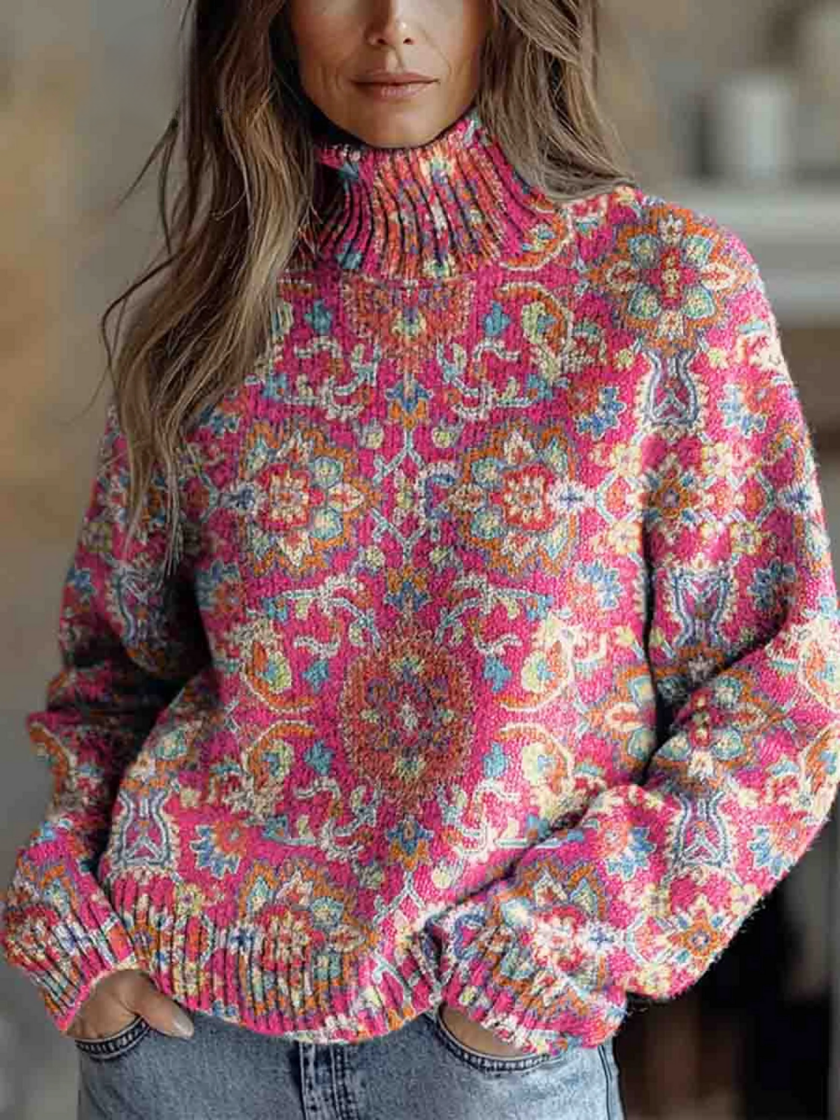 Phyllis – Patterned Turtleneck Knit Sweater