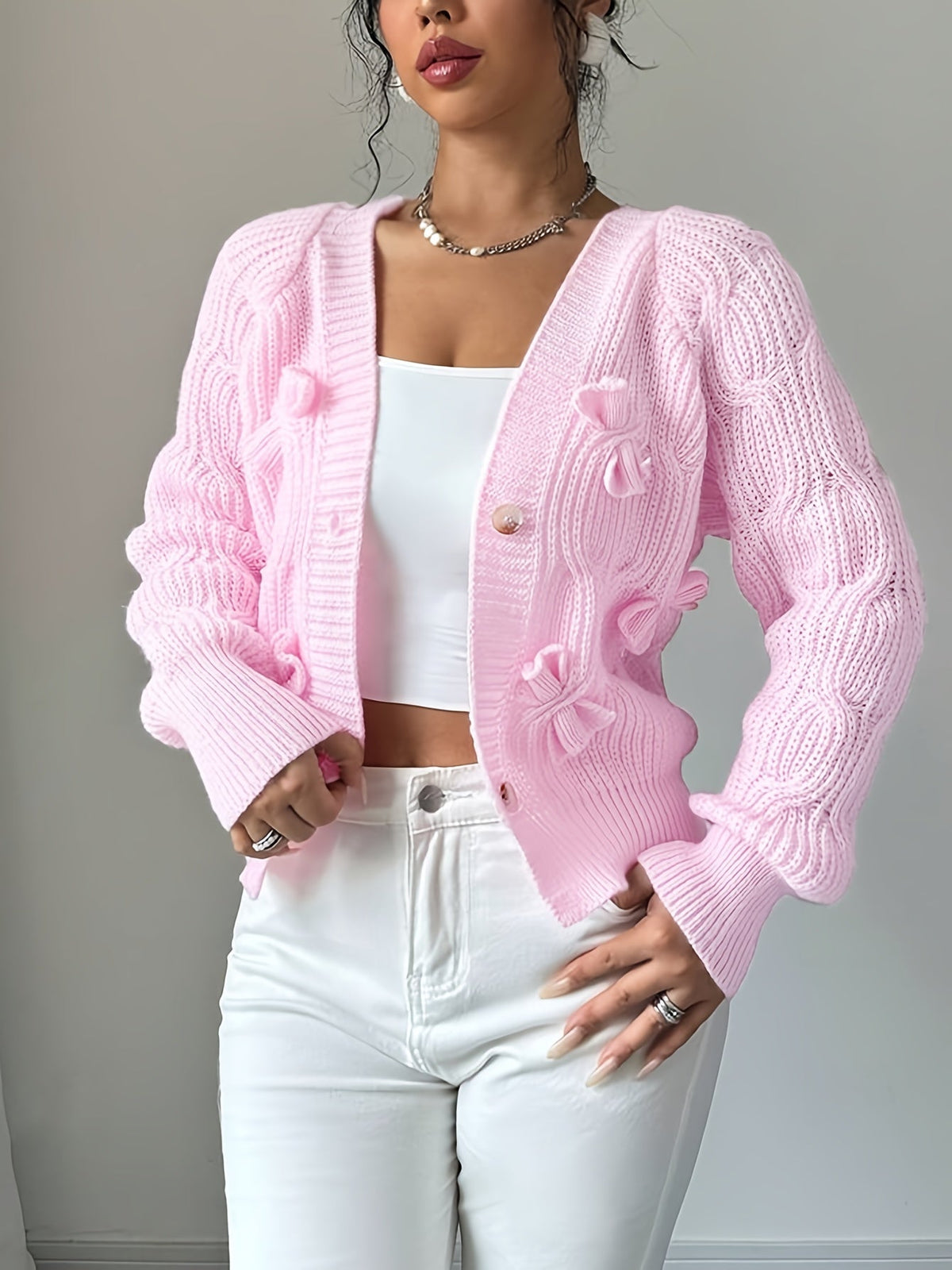 Rose – Bow-Detail Cable-Knit Cardigan
