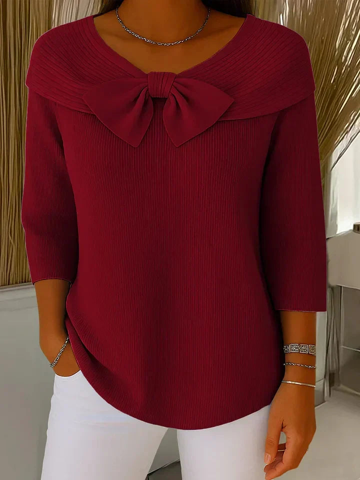 Linda – Ribbed Knit Top with Bow Detail
