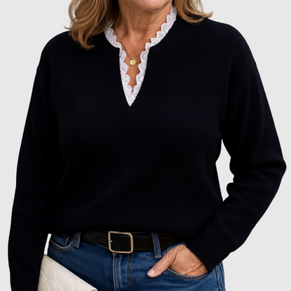 Georgette – Lace-Trim V-Neck Knit Sweater