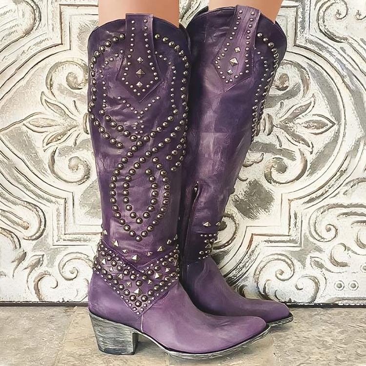 Deborah – Studded Knee-High Western Boots