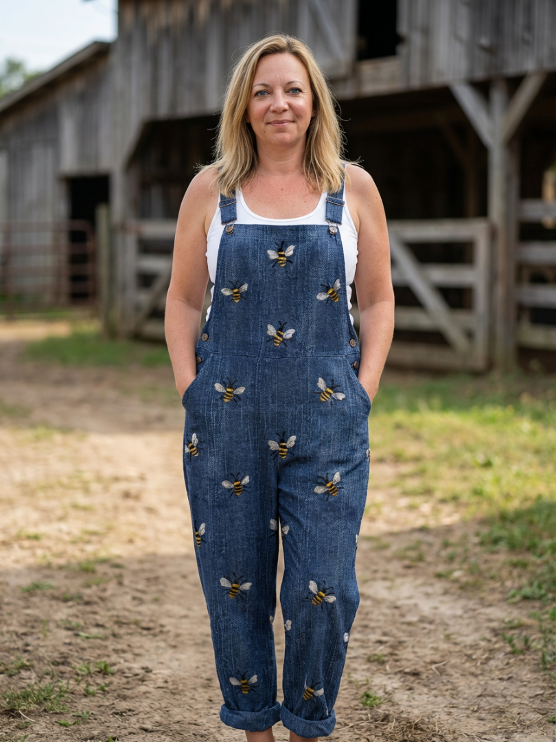 Lilian | Bee-Print Denim Overalls