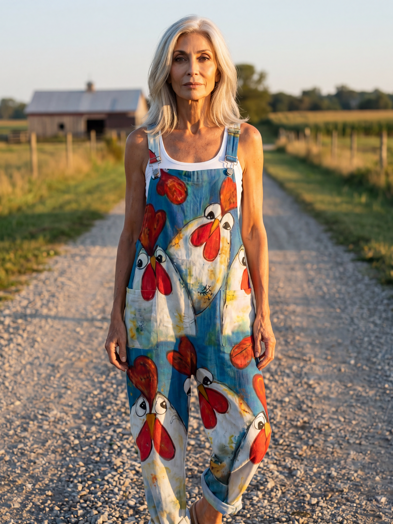 Natalie | Rooster-Print Overalls