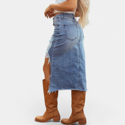 Martha – Distressed Denim Midi Skirt