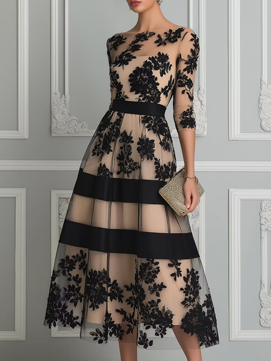Maria – Floral Lace A-Line Midi Dress