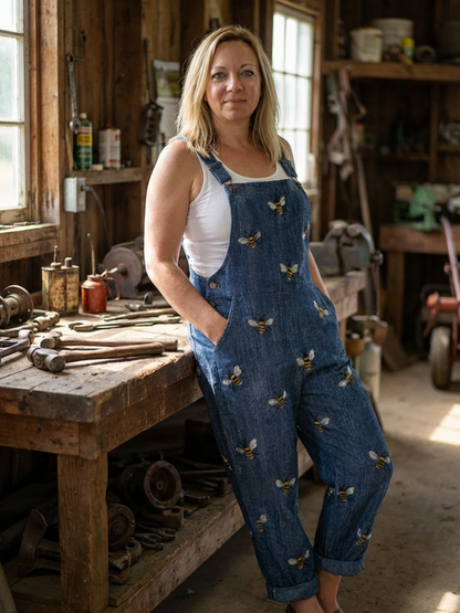 Lilian | Bee-Print Denim Overalls