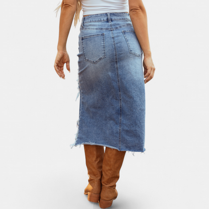 Martha – Distressed Denim Midi Skirt
