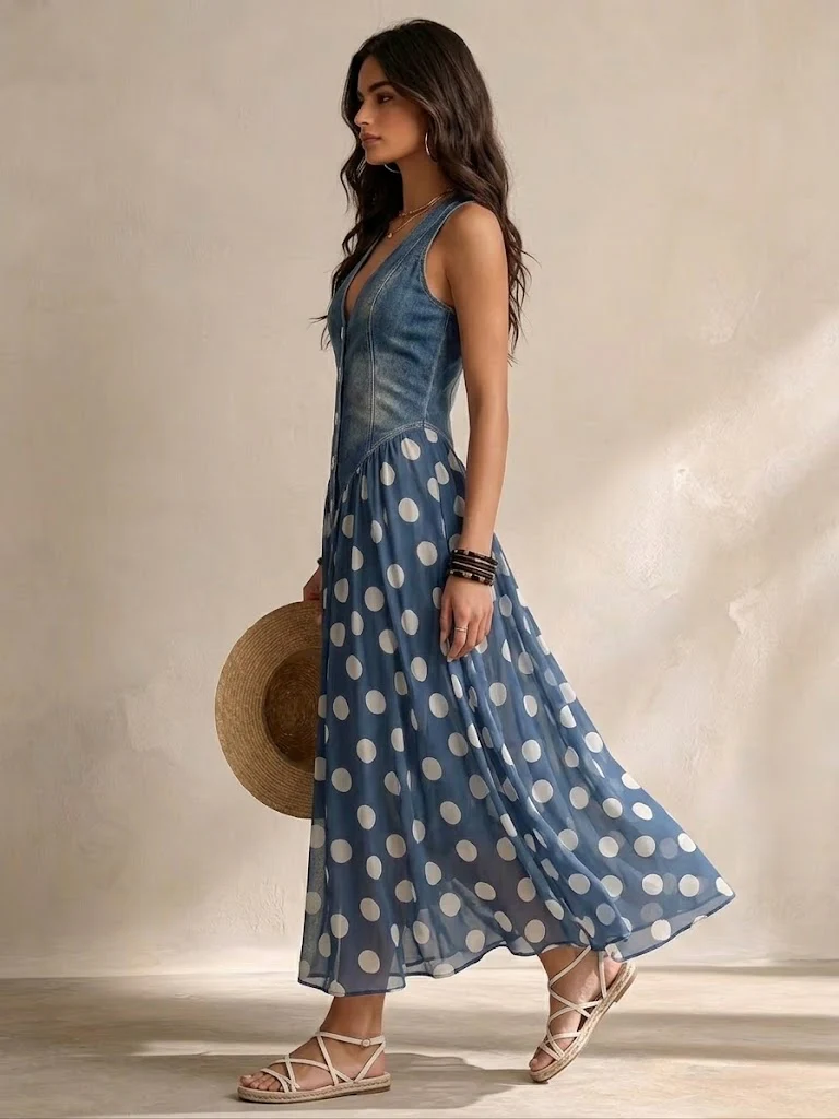 Rosemary – Denim Bodice Polka-Dot Midi Dress