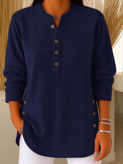 Shirley – Ribbed Henley Button Tunic Top