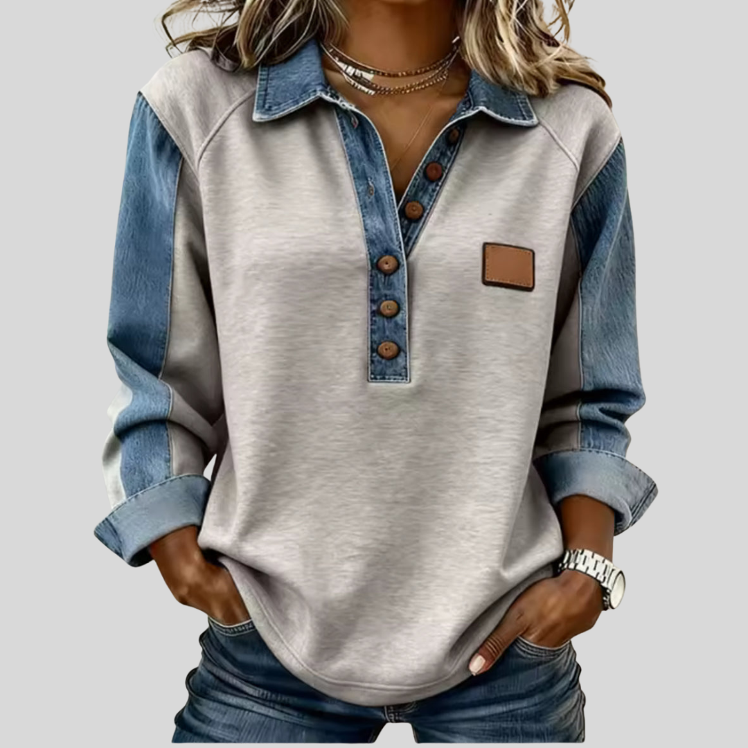 Wendy – Denim-Contrast Collared Pullover