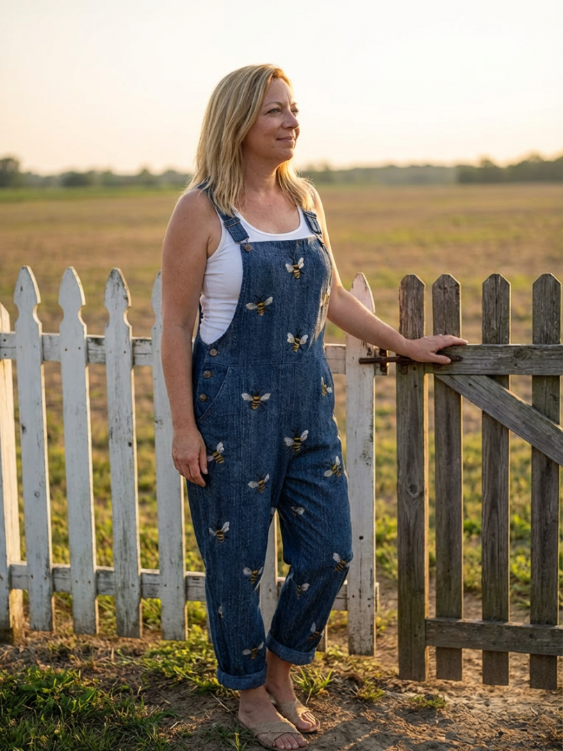Lilian | Bee-Print Denim Overalls
