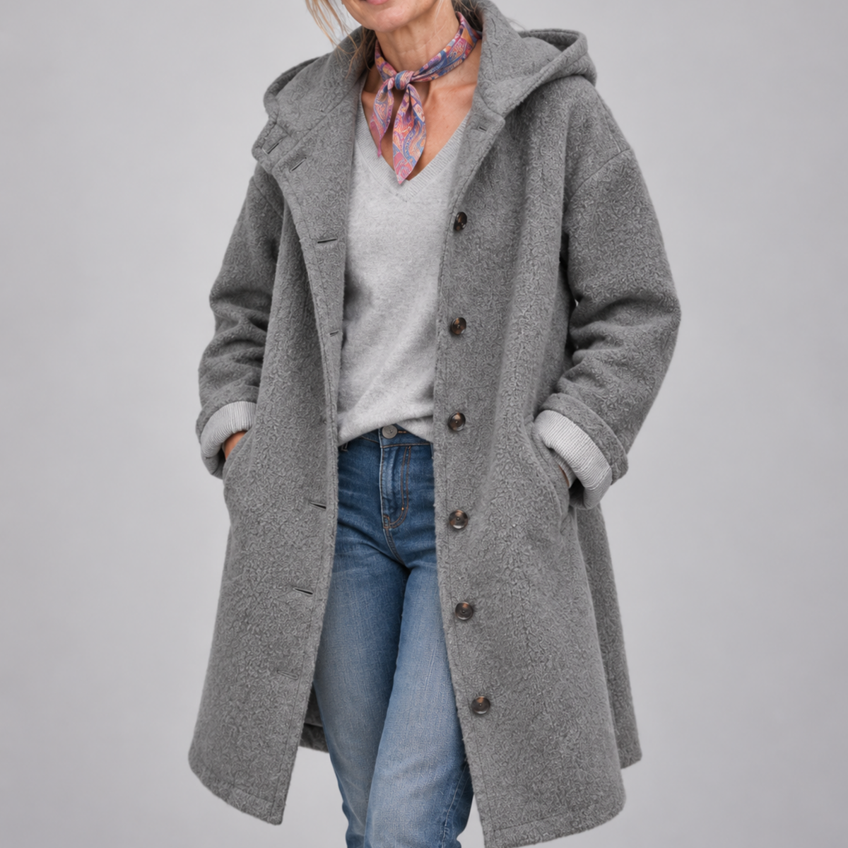 Rebecca – Hooded Button-Front Textured Coat