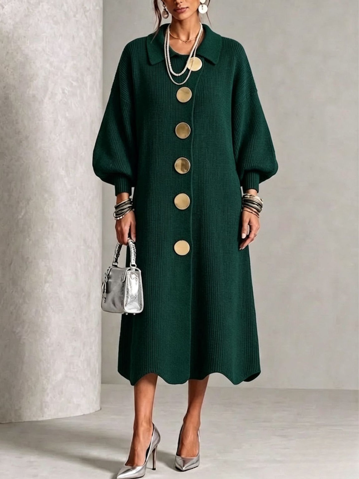 Natalie – Knit Button-Down Collared Midi Dress