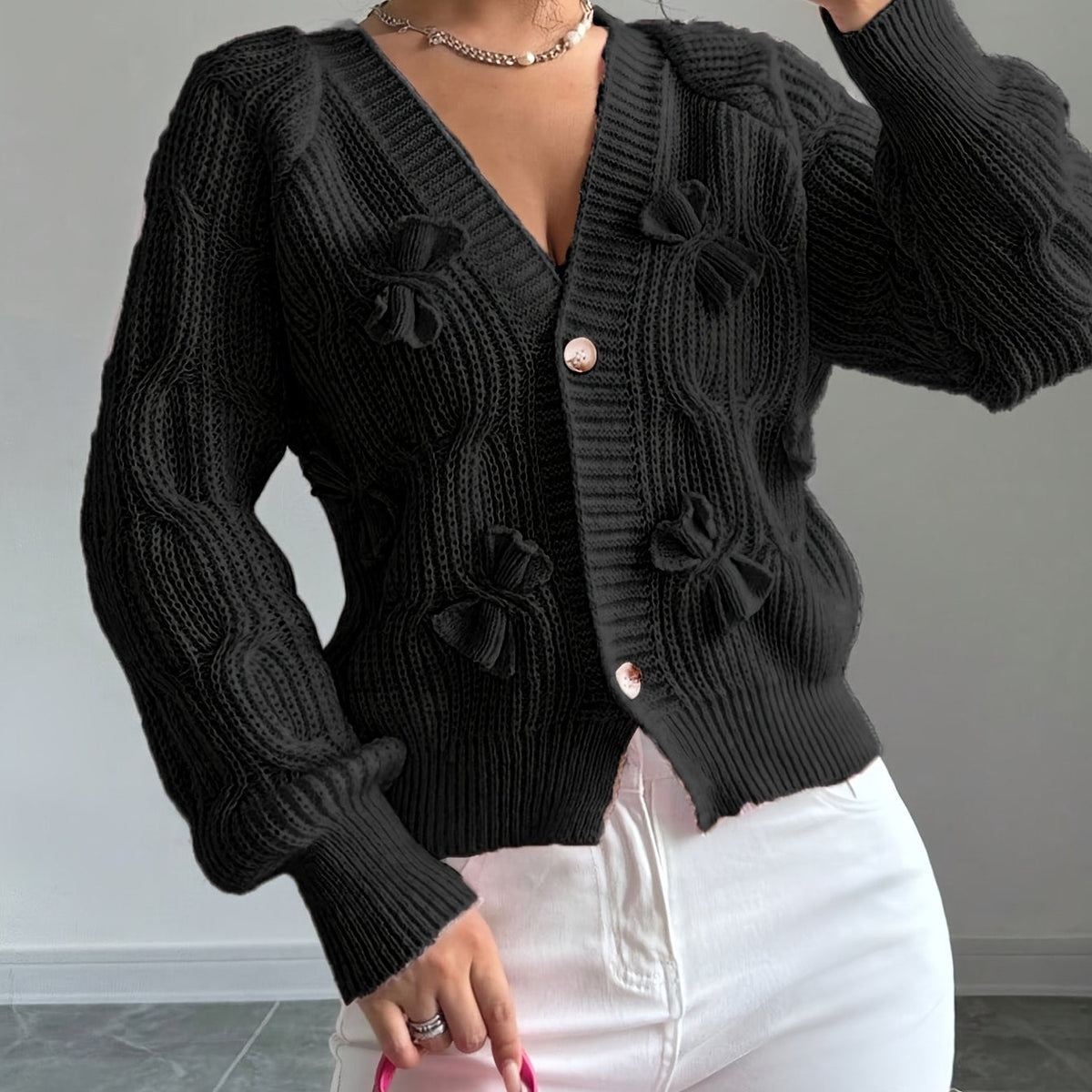 Rose – Bow-Detail Cable-Knit Cardigan