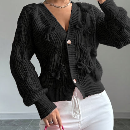 Rose – Bow-Detail Cable-Knit Cardigan