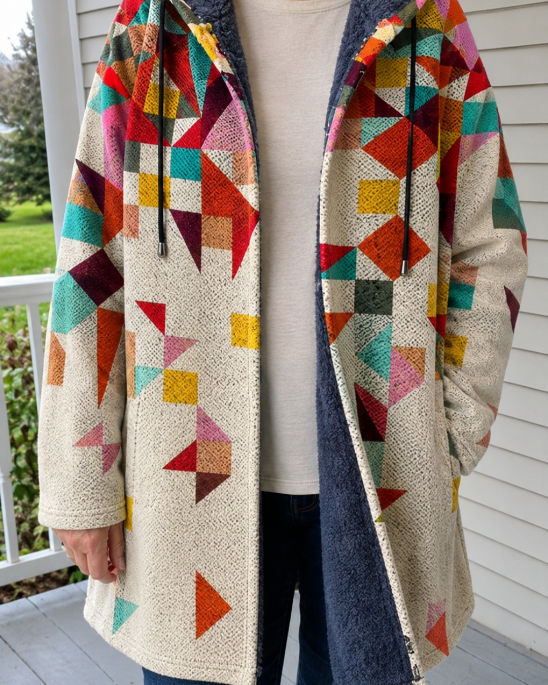 Lois – Fleece-Lined Geometric Hooded Jacket