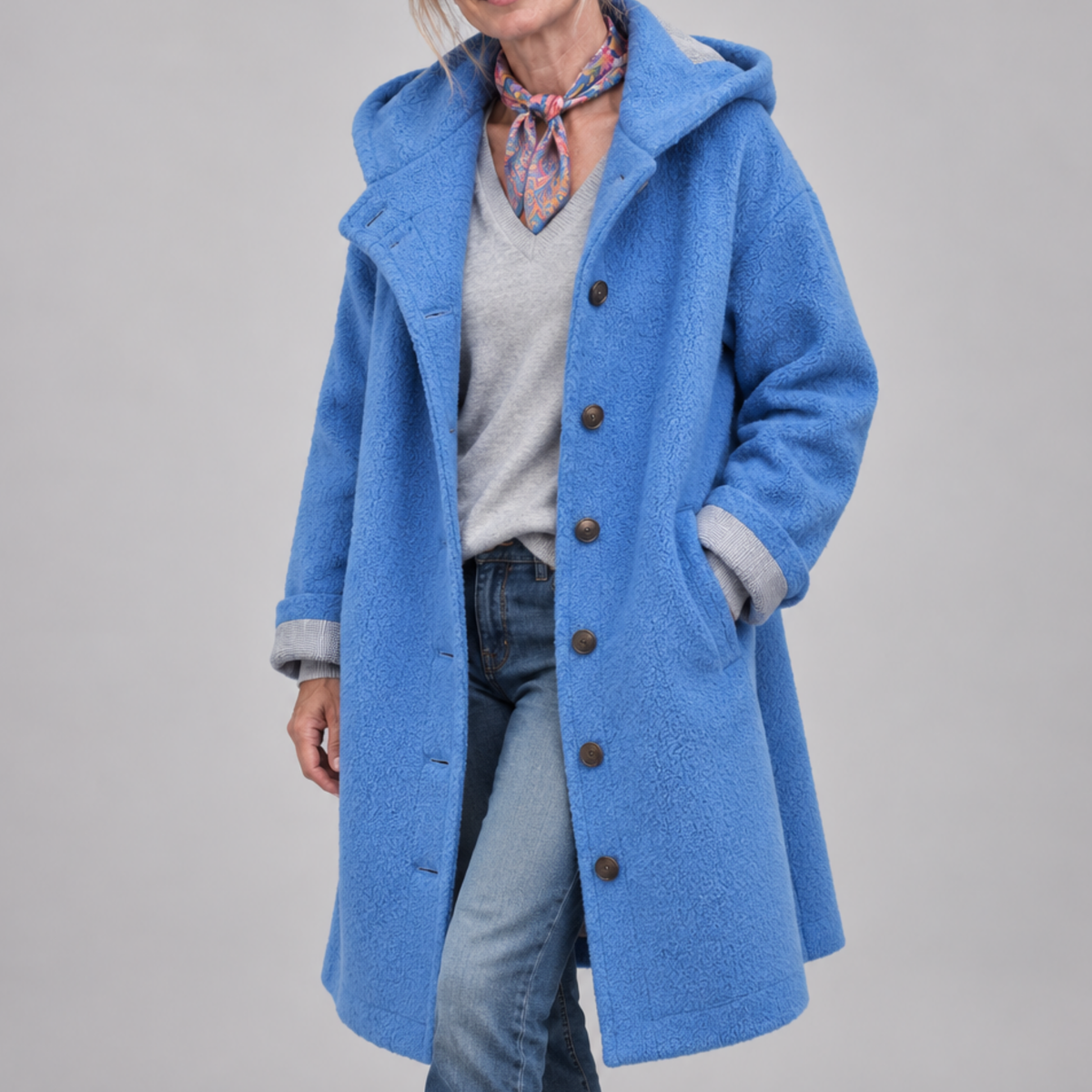 Rebecca – Hooded Button-Front Textured Coat