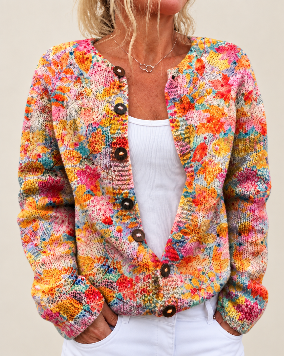 Cynthia – Printed Open-Front Knit Cardigan