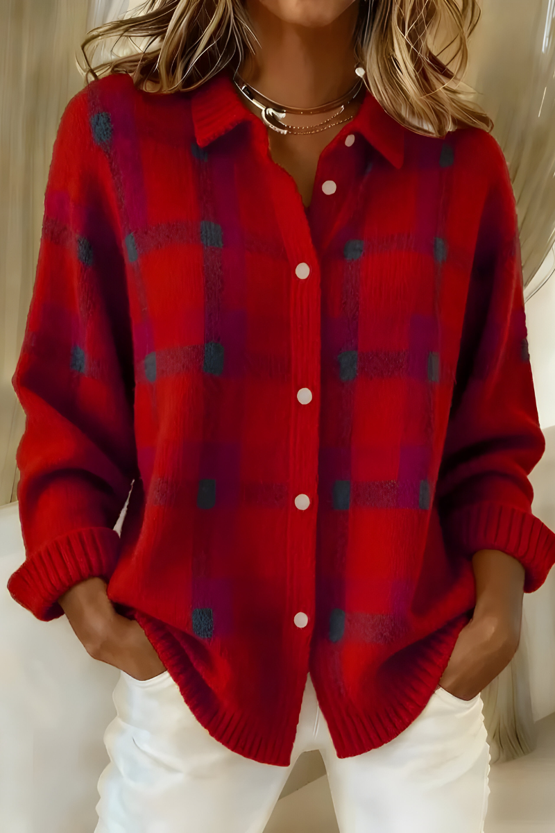 Rhonda – Plaid Button-Up Knit Cardigan