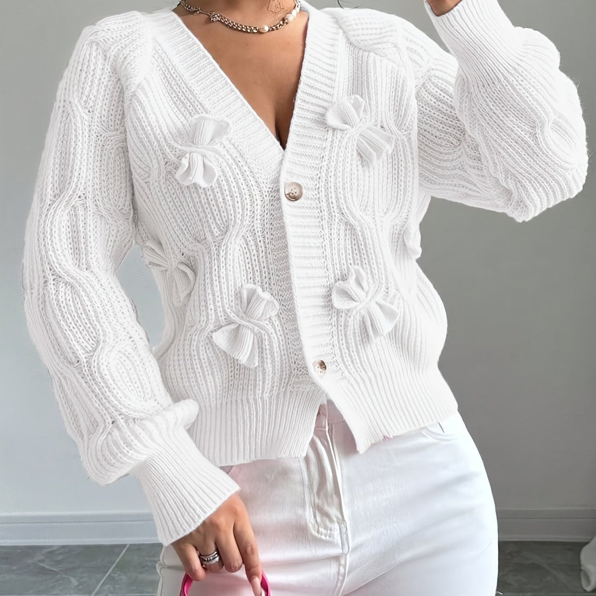 Rose – Bow-Detail Cable-Knit Cardigan