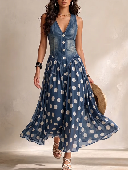 Rosemary – Denim Bodice Polka-Dot Midi Dress