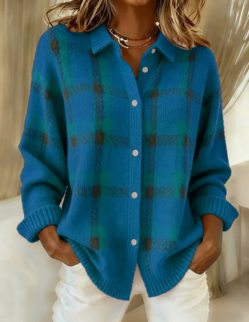 Rhonda – Plaid Button-Up Knit Cardigan