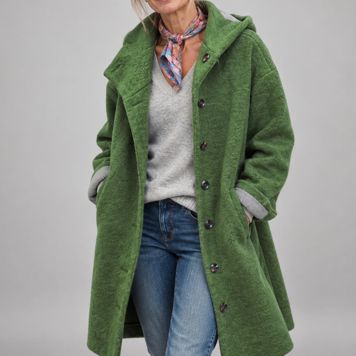 Rebecca – Hooded Button-Front Textured Coat