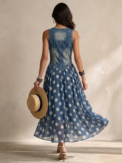 Rosemary – Denim Bodice Polka-Dot Midi Dress