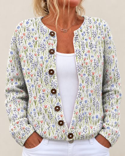 Cynthia – Printed Open-Front Knit Cardigan