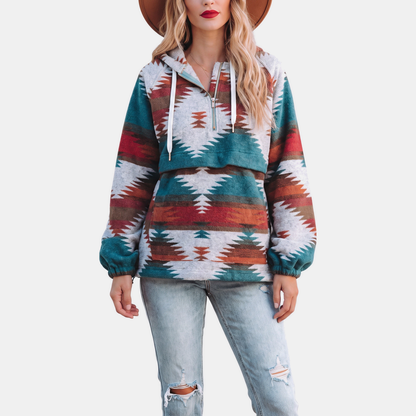 Jane – Aztec Print Quarter-Zip Oversized Hoodie