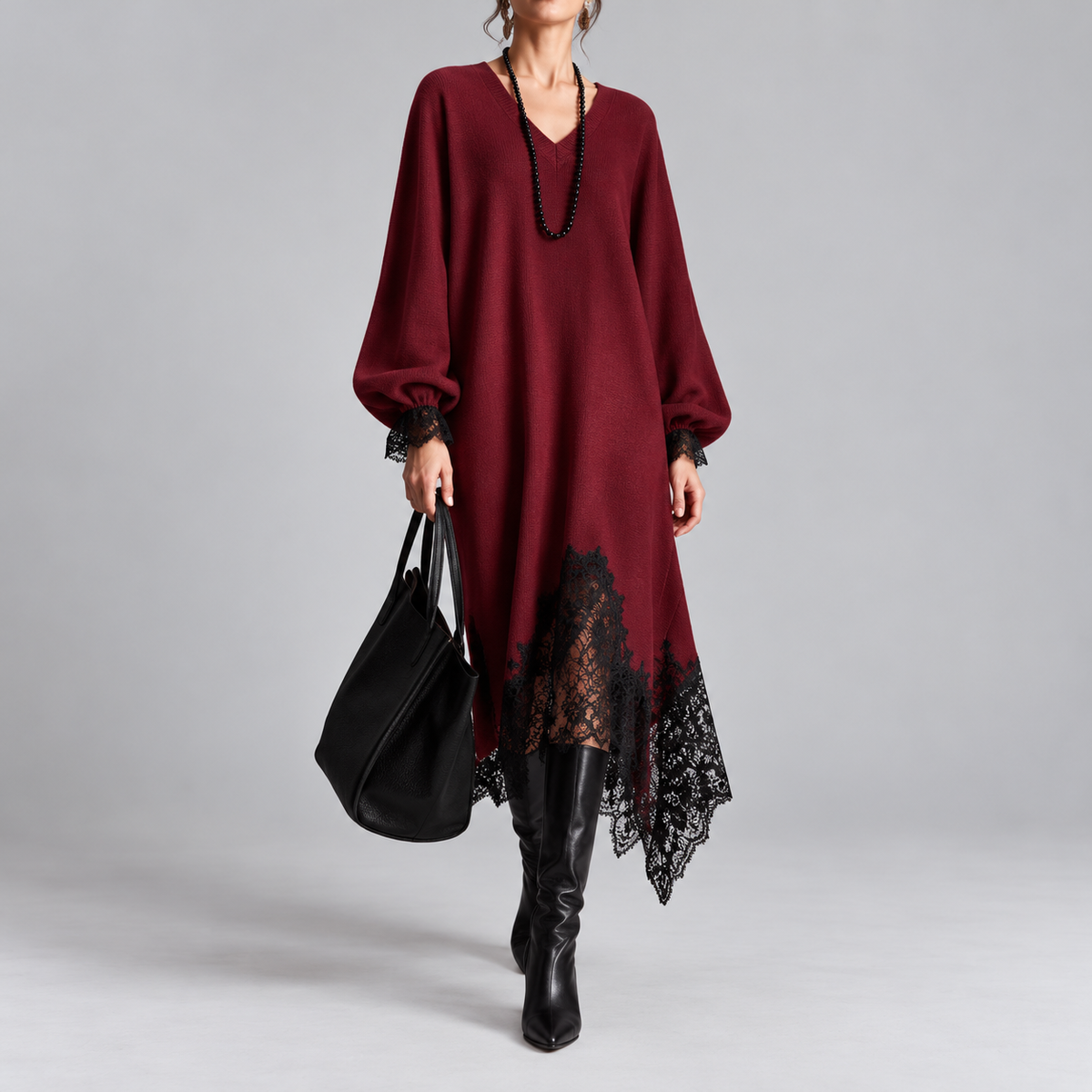 Diana – Knit Lace-Trim Midi Dress