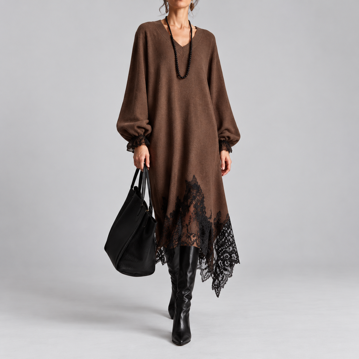 Diana – Knit Lace-Trim Midi Dress