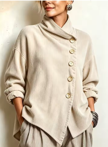 Amanda – Ribbed Asymmetric Button Jacket