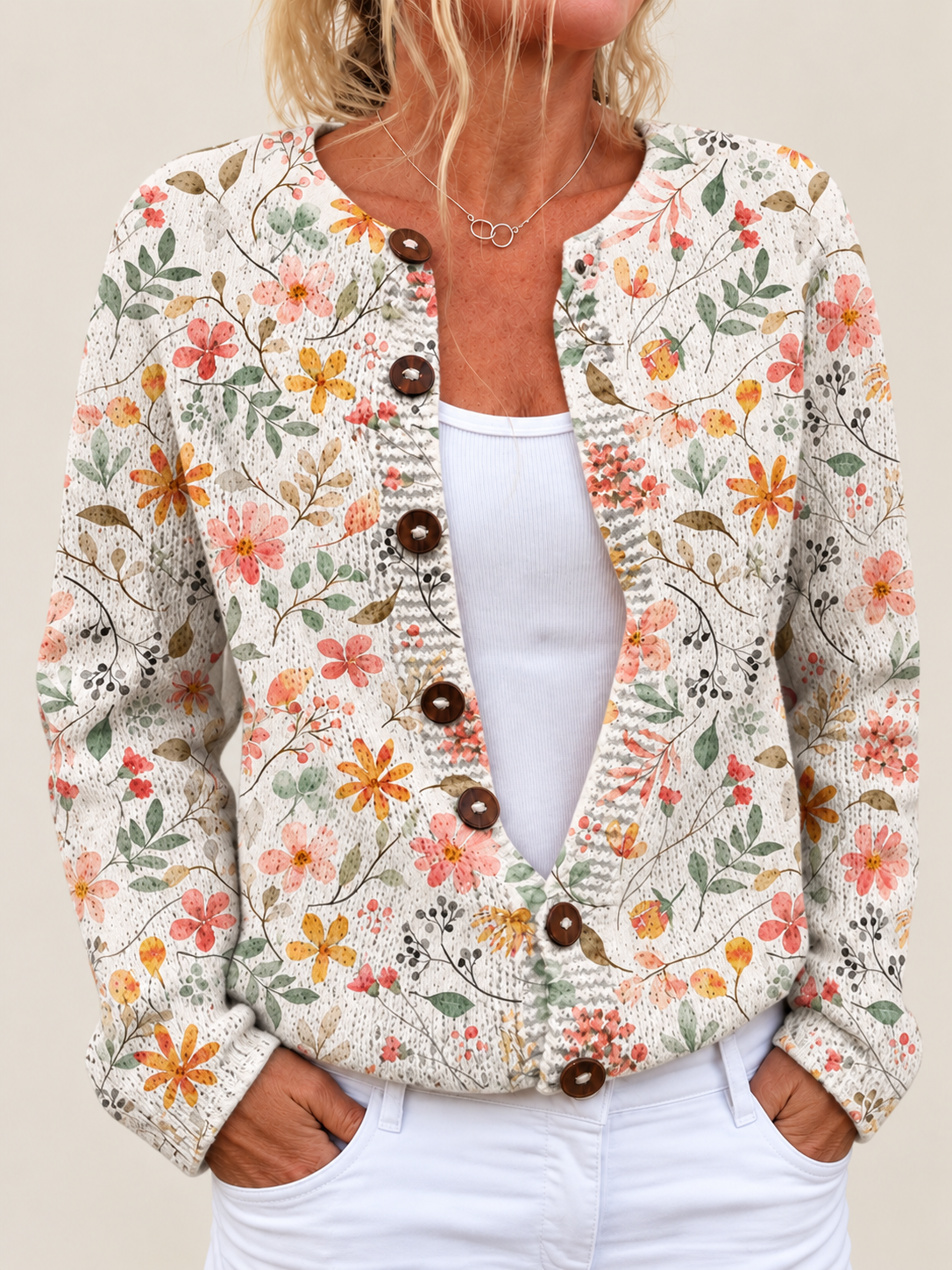 Cynthia – Printed Open-Front Knit Cardigan