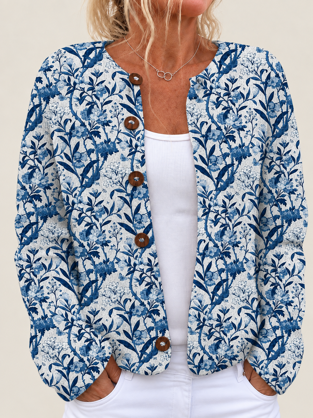 Cynthia – Printed Open-Front Knit Cardigan