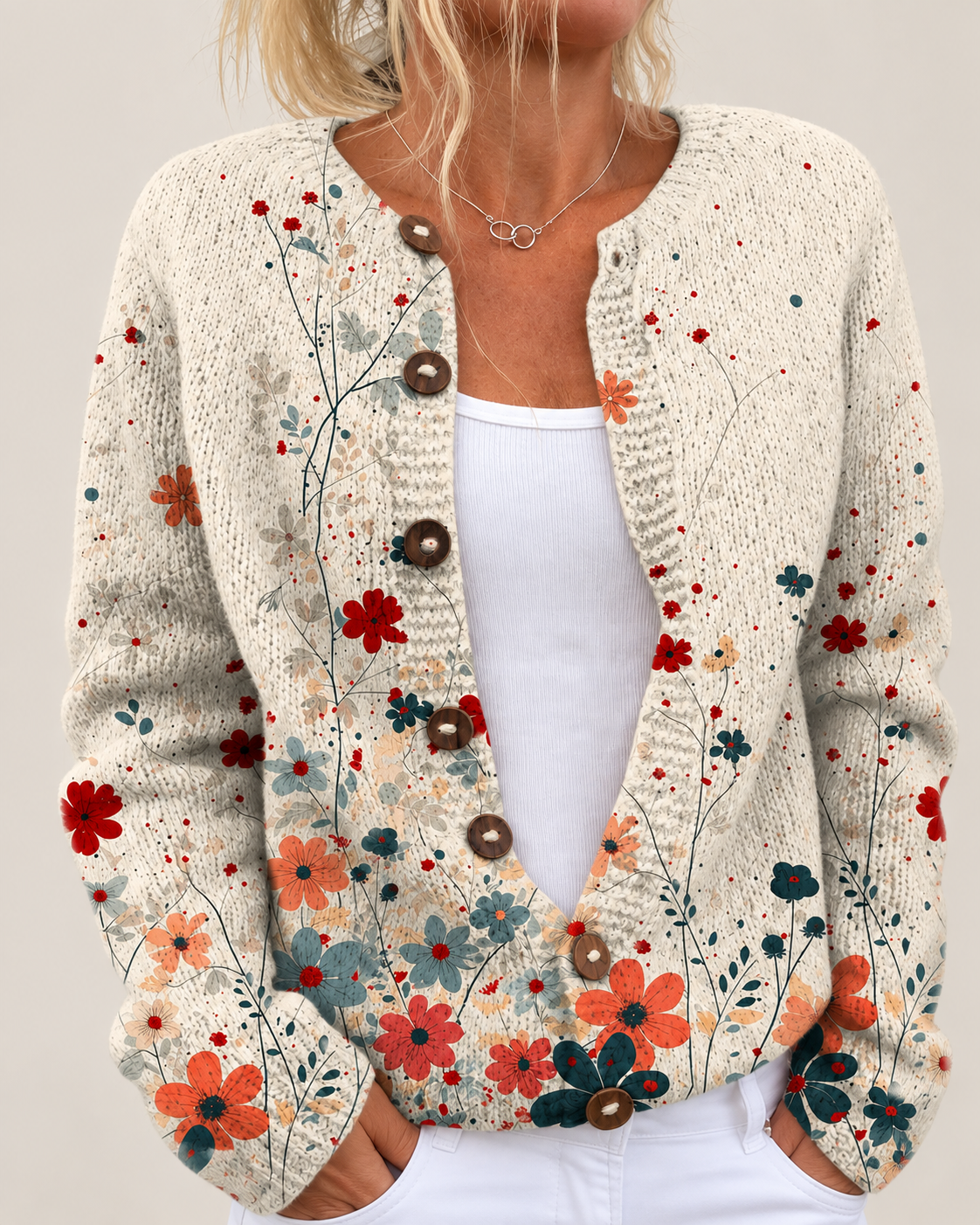 Cynthia – Printed Open-Front Knit Cardigan