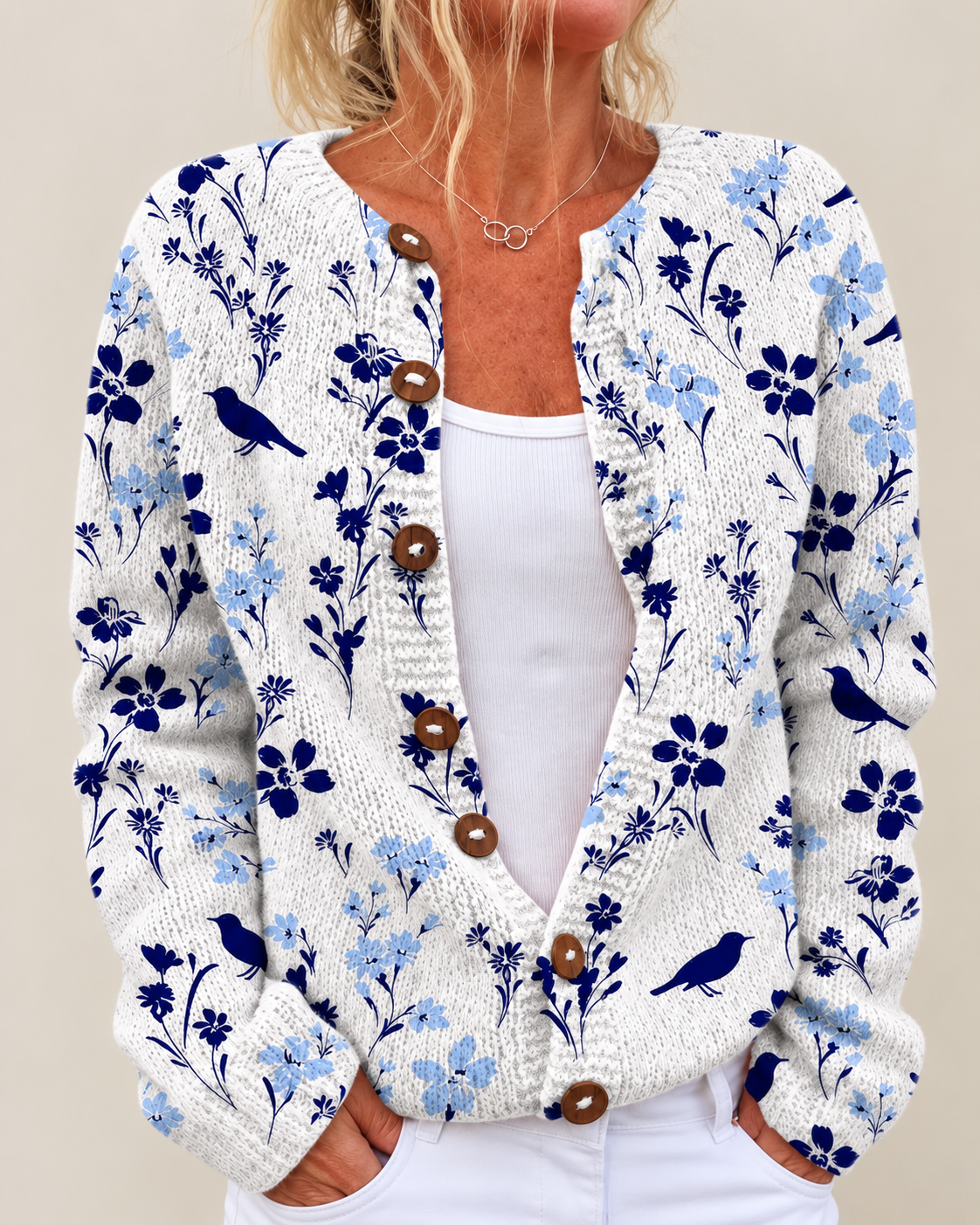 Cynthia – Printed Open-Front Knit Cardigan