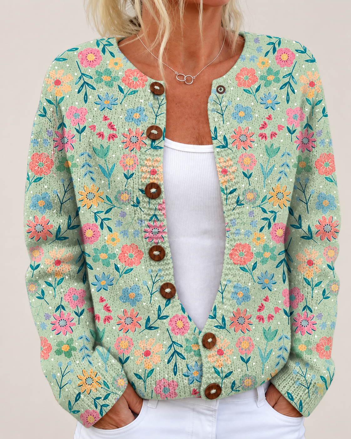 Cynthia – Printed Open-Front Knit Cardigan